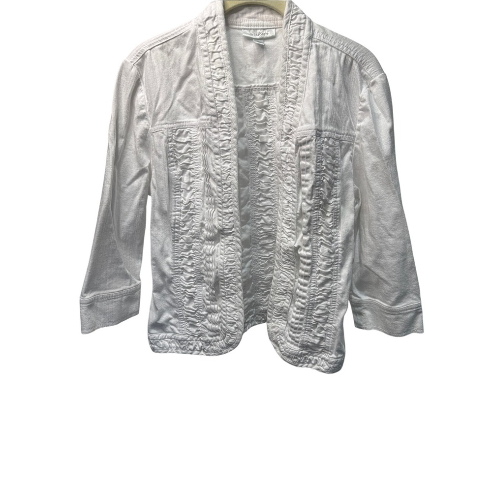Dressbarn White Ruffle Denim Jacket Hook Eye Closure 3/4 Sleeve Large